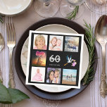 Black white name photo collage 60th birthday napkins<br><div class="desc">A napkin for a girly 60th birthday party,  celebrating her life with a collage of 8 of your photos.  Templates for a name,  age 60 and a date.  Date of birth or the date of the party.  White and gray colored letters.  Black background.</div>