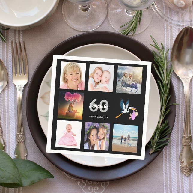 Black white name photo collage 60th birthday napkins (Creator Uploaded)