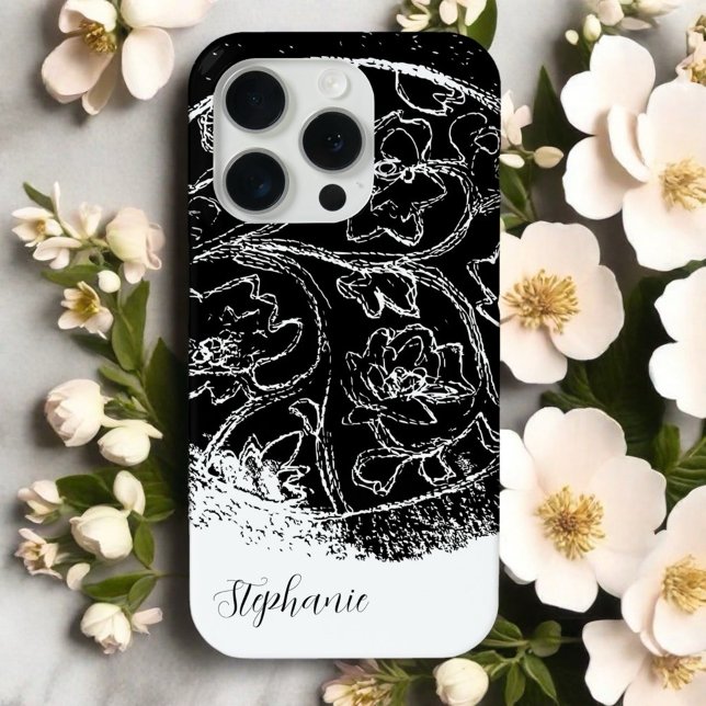 Black white name script line art floral graphic  Case-Mate iPhone case (Creator Uploaded)