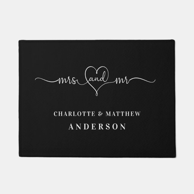 Black white names mr mrs elegant newly weds doormat (Front)