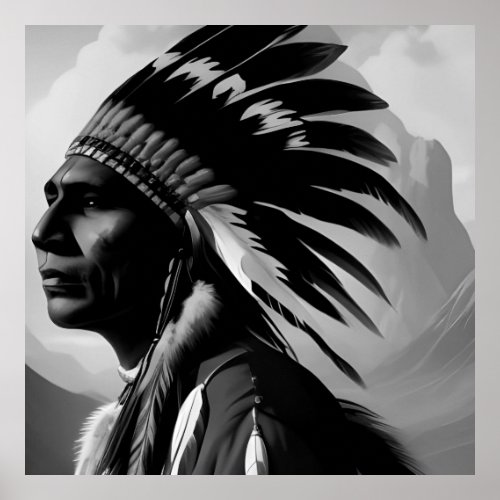 Black White Native American Indian Man Monochrome Poster