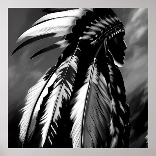 Black White Native American Indian Man profile Poster