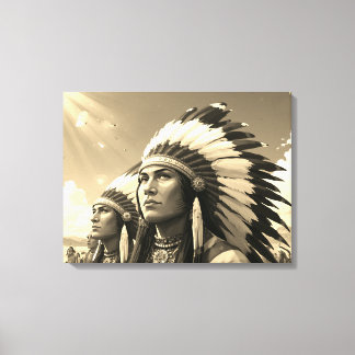 Black + White Native American Indians on a Wall Canvas Print