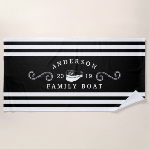 Black &Amp;Amp; White Nautical Family Boat Boating Captain Beach Towel