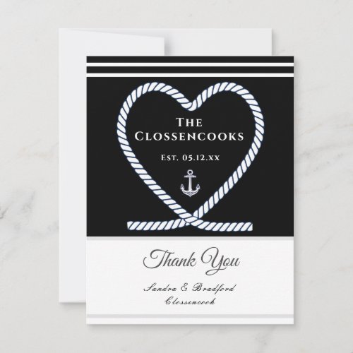 Black White Nautical rope Heart Anchor Wedding Thank You Card