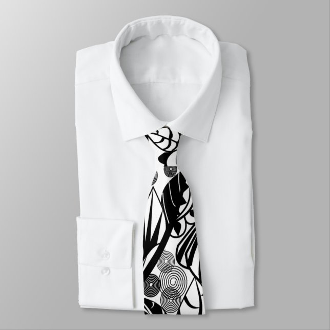Black White Neck Tie Floral Pattern (Tied)