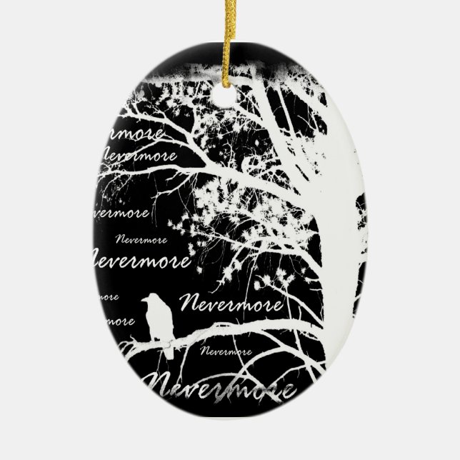 Black & White Negative Nevermore Raven Silhouette Ceramic Ornament (Front)
