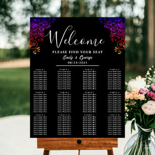 Black & White Neon Floral Wedding Seating Chart Foam Board