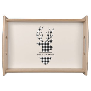 Black & White Neutral Plaid Family Name Deer Serving Tray