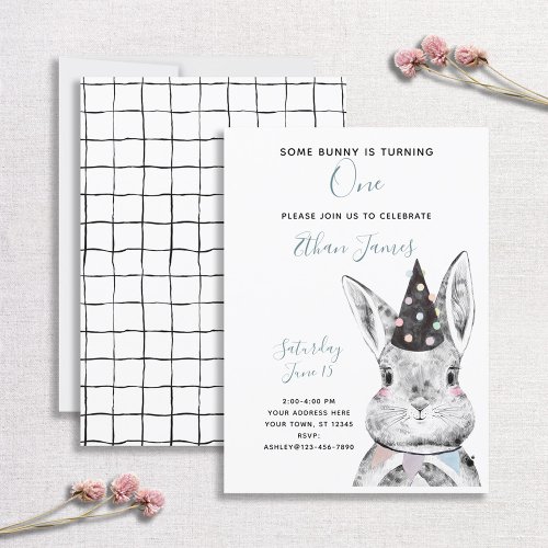 Black  White Neutral Some Bunny is One Birthday Invitation