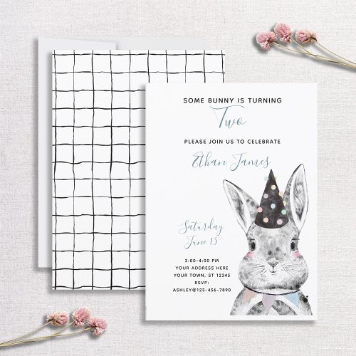 Black  White Neutral Some Bunny is Two Birthday Invitation