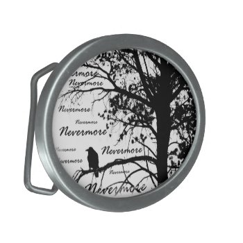 Black & White Nevermore Raven Silhouette Oval Belt Buckle by VoXeeD at Zazzle