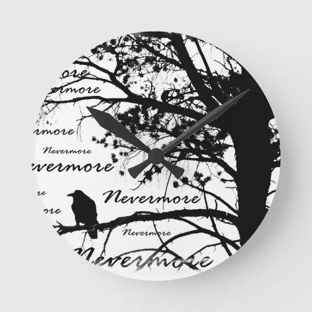 Black & White Nevermore Raven Silhouette Round Clock | Zazzle