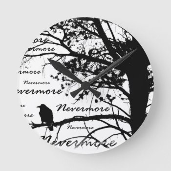 Black & White Nevermore Raven Silhouette Round Clock by VoXeeD at Zazzle