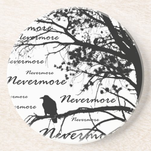 Black  White Nevermore Raven Silhouette Sandstone Coaster