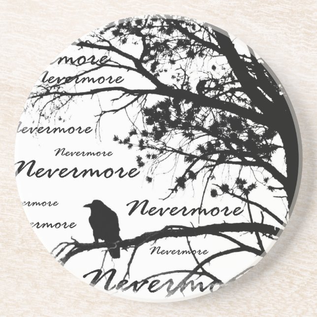 Black & White Nevermore Raven Silhouette Sandstone Coaster (Front)