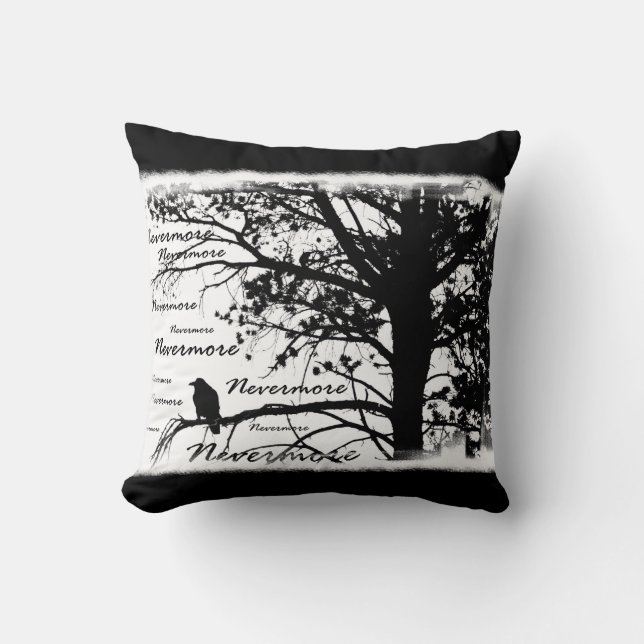 Black & White Nevermore Raven Silhouette Throw Pillow (Front)
