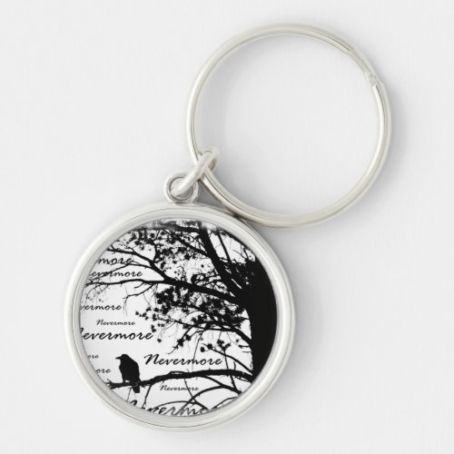 Black  White Nevermore Raven Silhouette Tree Keychain