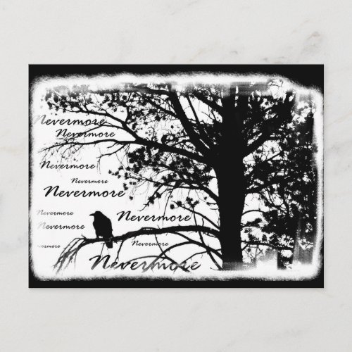 Black  White Nevermore Raven Silhouette Tree Postcard