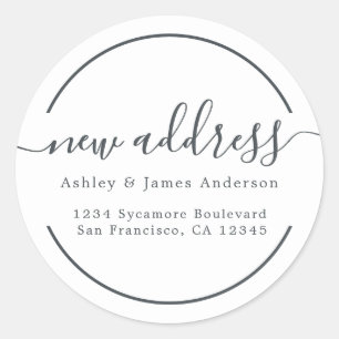 Black White New Address Script Classic Round Sticker