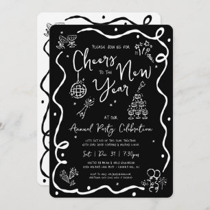 Black White New Year Cheer Hand Drawn Sketch Party Invitation