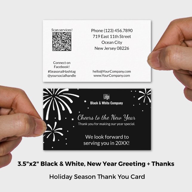 Black & White New Year Greeting & Thank You Business Card (Black & White New Year Greeting & Thank You Business Card; Size: 3.5x2 Inch (US))