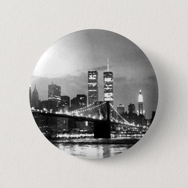 Black & White New York City at Night Button (Front)
