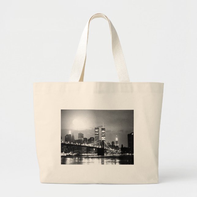 Black & White New York City at Night Large Tote Bag (Front)