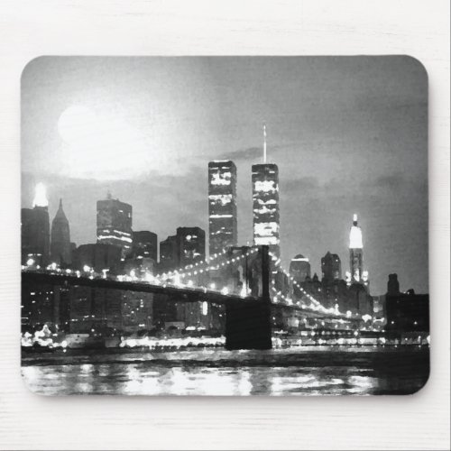 Black  White New York City at Night Mouse Pad