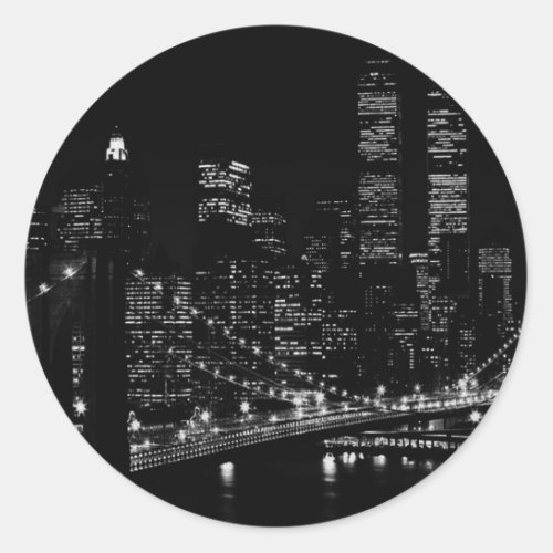 Black  White New York City Night Classic Round Sticker