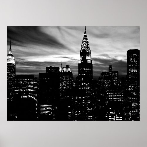 Black White New York City Night Poster