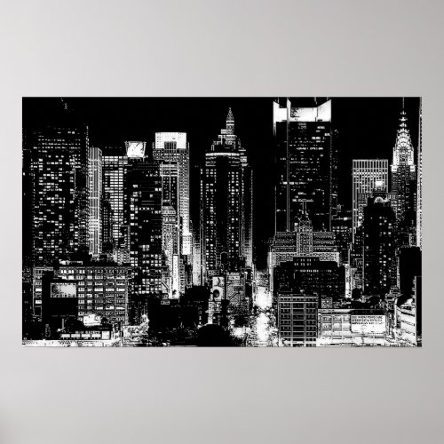 Black  White New York City Night Poster