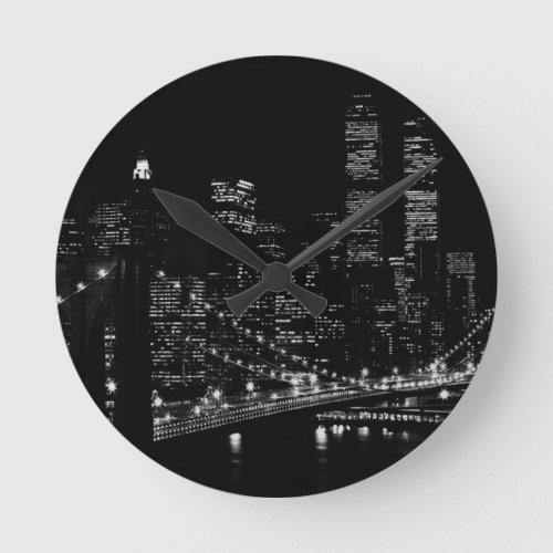 Black  White New York City Night Round Clock