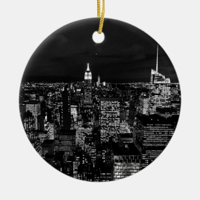Black & White New York City Night Skyline Ceramic Ornament (Front)