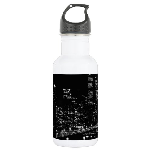 Black  White New York City Night Water Bottle