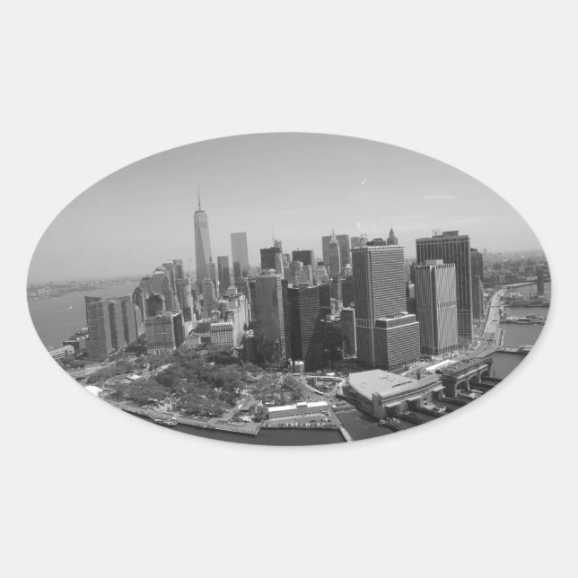 Black White New York City Skyline Oval Sticker (Front)