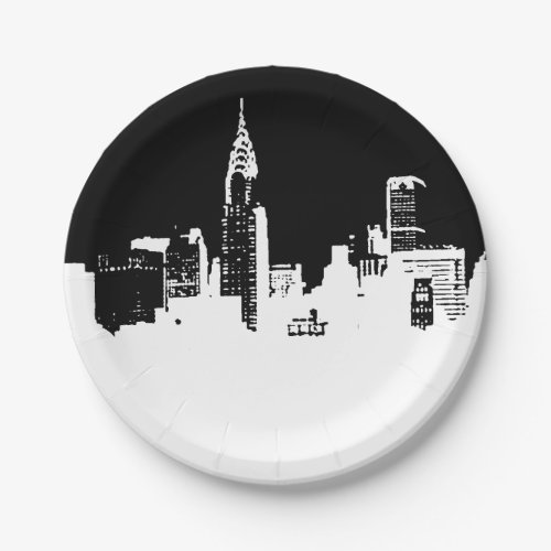 Black White New York City Skyline Pop Art Paper Plates