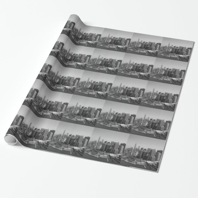 Black White New York City Skyline Wrapping Paper (Unrolled)
