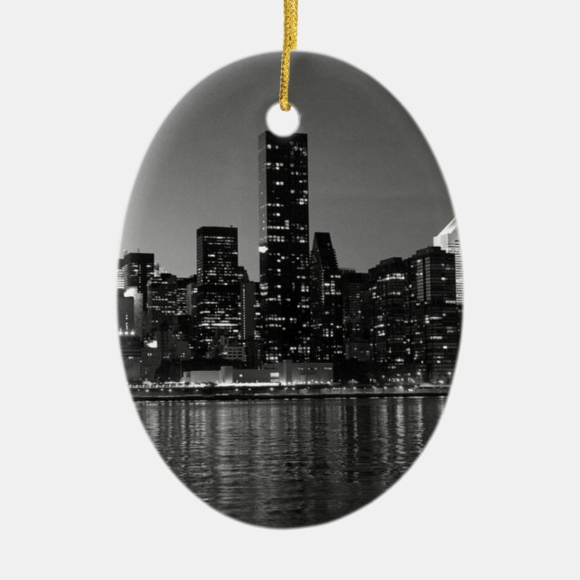Black White New York City Skyscapers Silhouette Ceramic Ornament (Front)