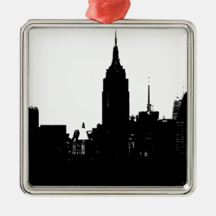 Black White New York Silhouette Metal Ornament