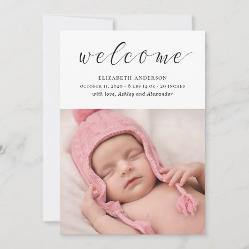 Black white newborn Elegant script new baby birth Announcement