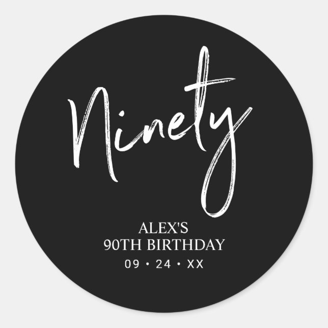 Black & White Ninety 90th Birthday Party Favor Classic Round Sticker (Front)