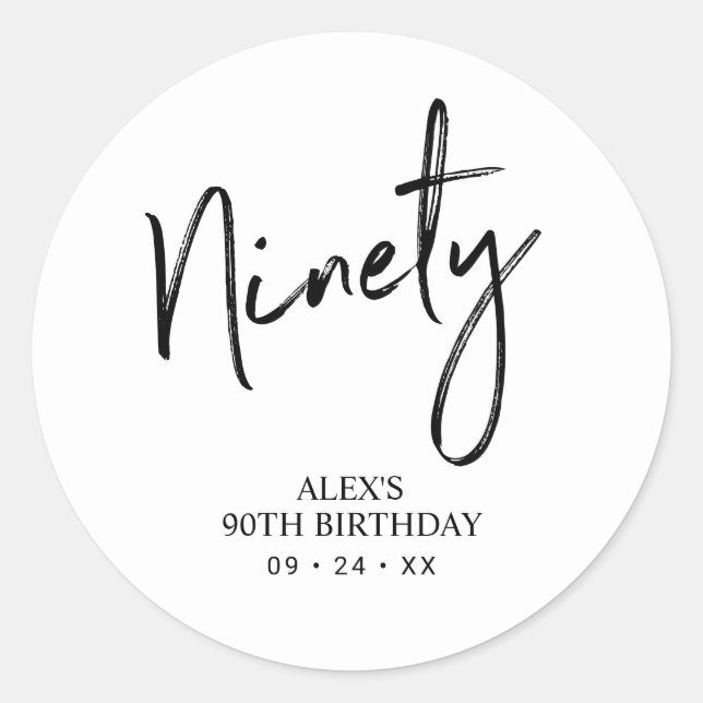 Black & White Ninety 90th Birthday Party Favor Classic Round Sticker (Front)