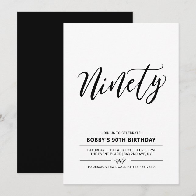 Black & White Ninety Minimal 90th Birthday Party Invitation (Front/Back)