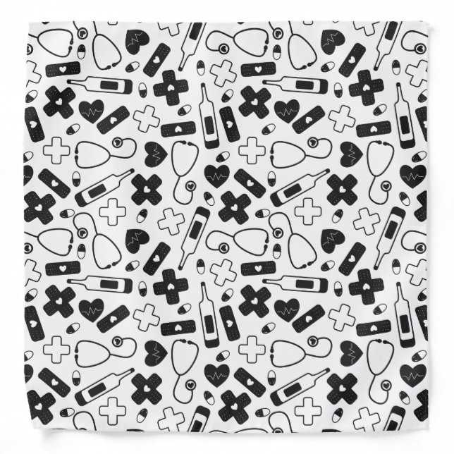 Black & White Nurse Doctor Medical Pattern Bandana (Front)