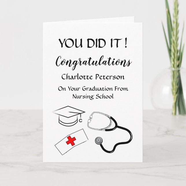 Black & White  Nurse Graduation Congratulation Card (Front)