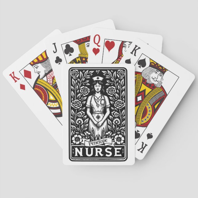 Black & white Nurse Tarot style illustrated Poker Cards (Back)