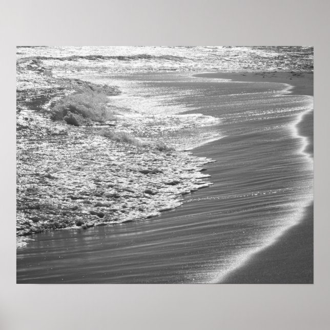 Black & White Ocean Washing Up On the Beach 16x20 Poster (Front)