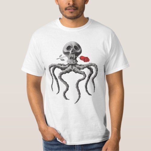 Black White Octopus Skull Red Rose T_Shirt