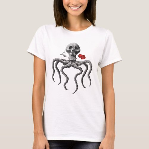 Black White Octopus Skull Red Rose T_Shirt